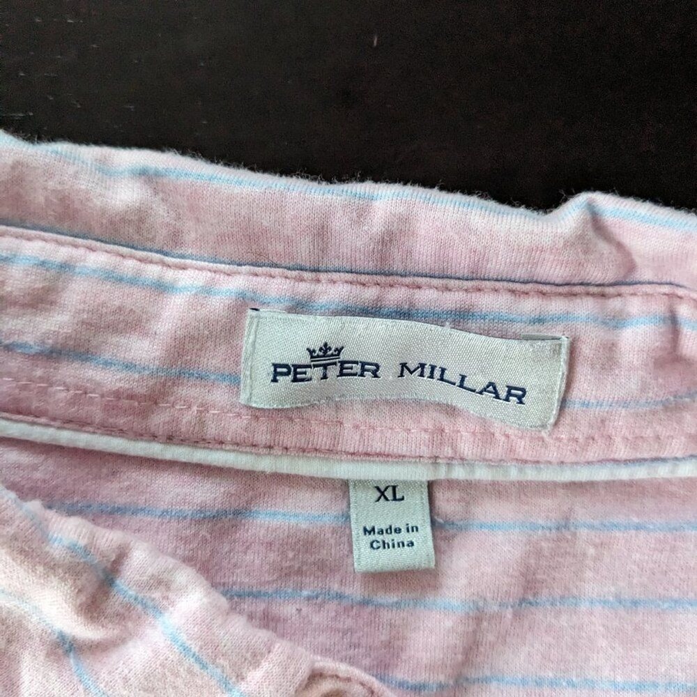 Peter Millar Mens XL Polo Shirt Pink Blue Striped Short Sleeve Golf Pennant Logo - Picture 3 of 4